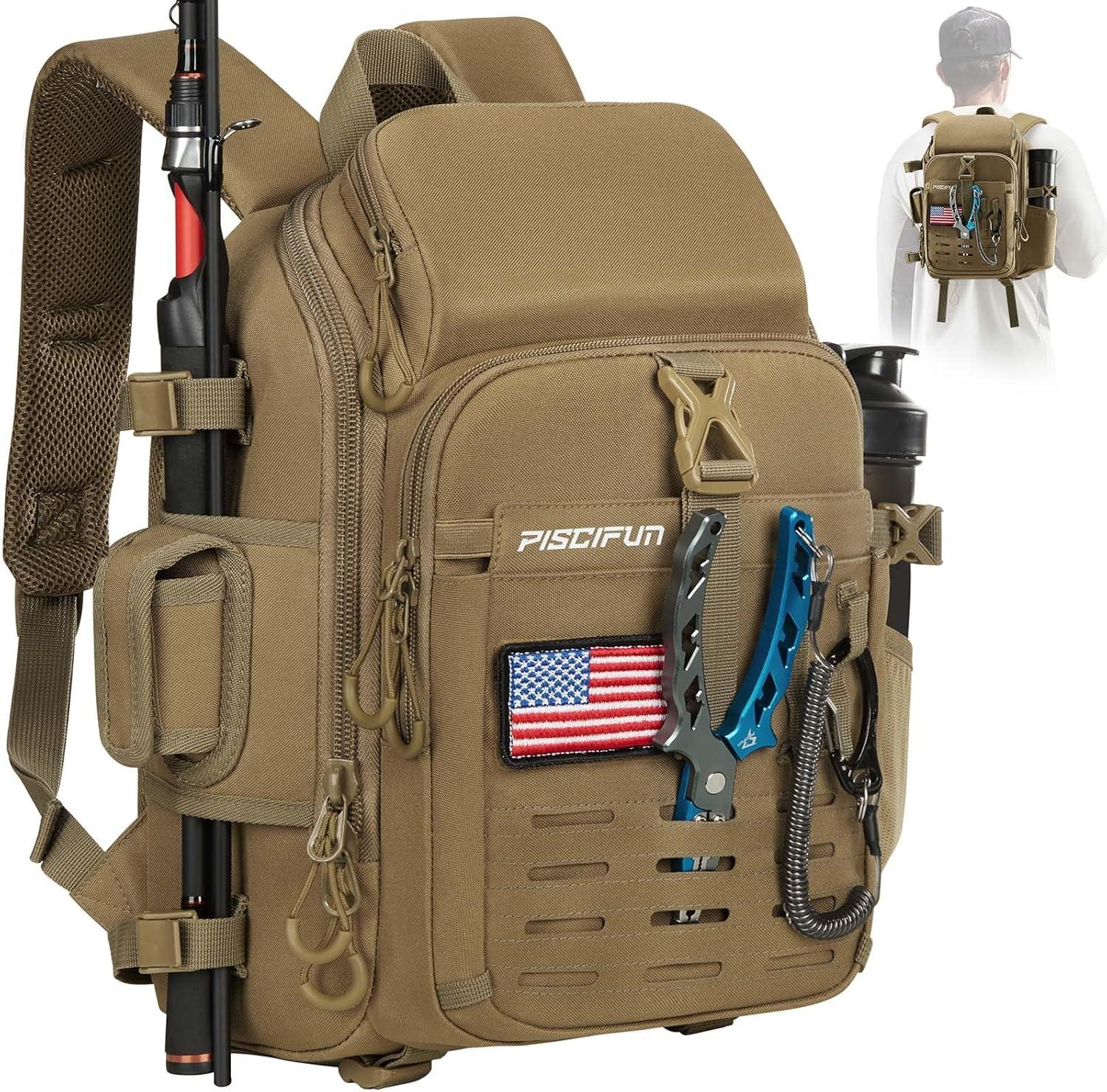 imagePiscifun Fishing Tackle Backpack with Rod ampamp Gear Holder Lightweight Fishing Tackle Storage Bag with Protective Rain CoverKhaki