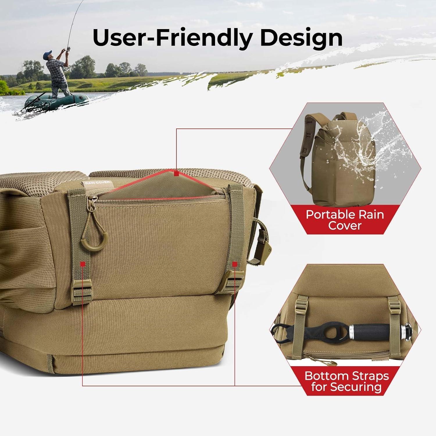 imagePiscifun Fishing Tackle Backpack with Rod ampamp Gear Holder Lightweight Fishing Tackle Storage Bag with Protective Rain CoverKhaki