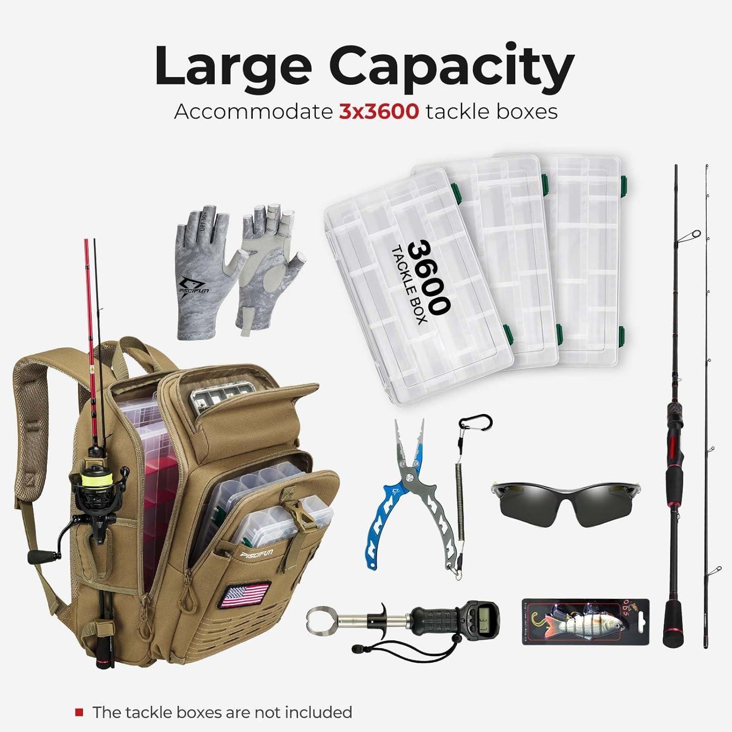 imagePiscifun Fishing Tackle Backpack with Rod ampamp Gear Holder Lightweight Fishing Tackle Storage Bag with Protective Rain CoverKhaki