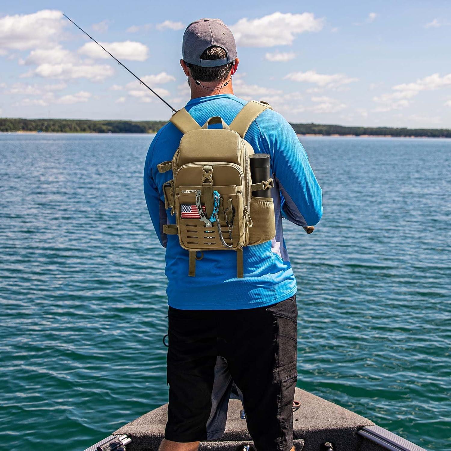 imagePiscifun Fishing Tackle Backpack with Rod ampamp Gear Holder Lightweight Fishing Tackle Storage Bag with Protective Rain CoverKhaki