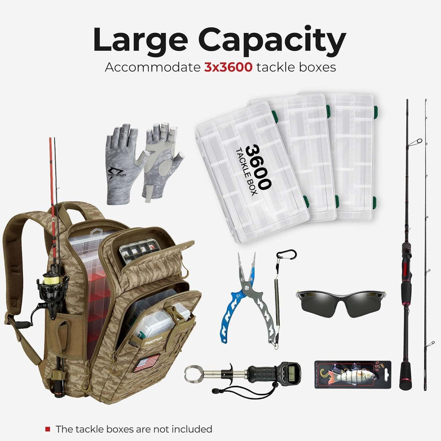 imagePiscifun Fishing Tackle Backpack with Rod ampamp Gear Holder Lightweight Fishing Tackle Storage Bag with Protective Rain CoverKhaki Camouflage