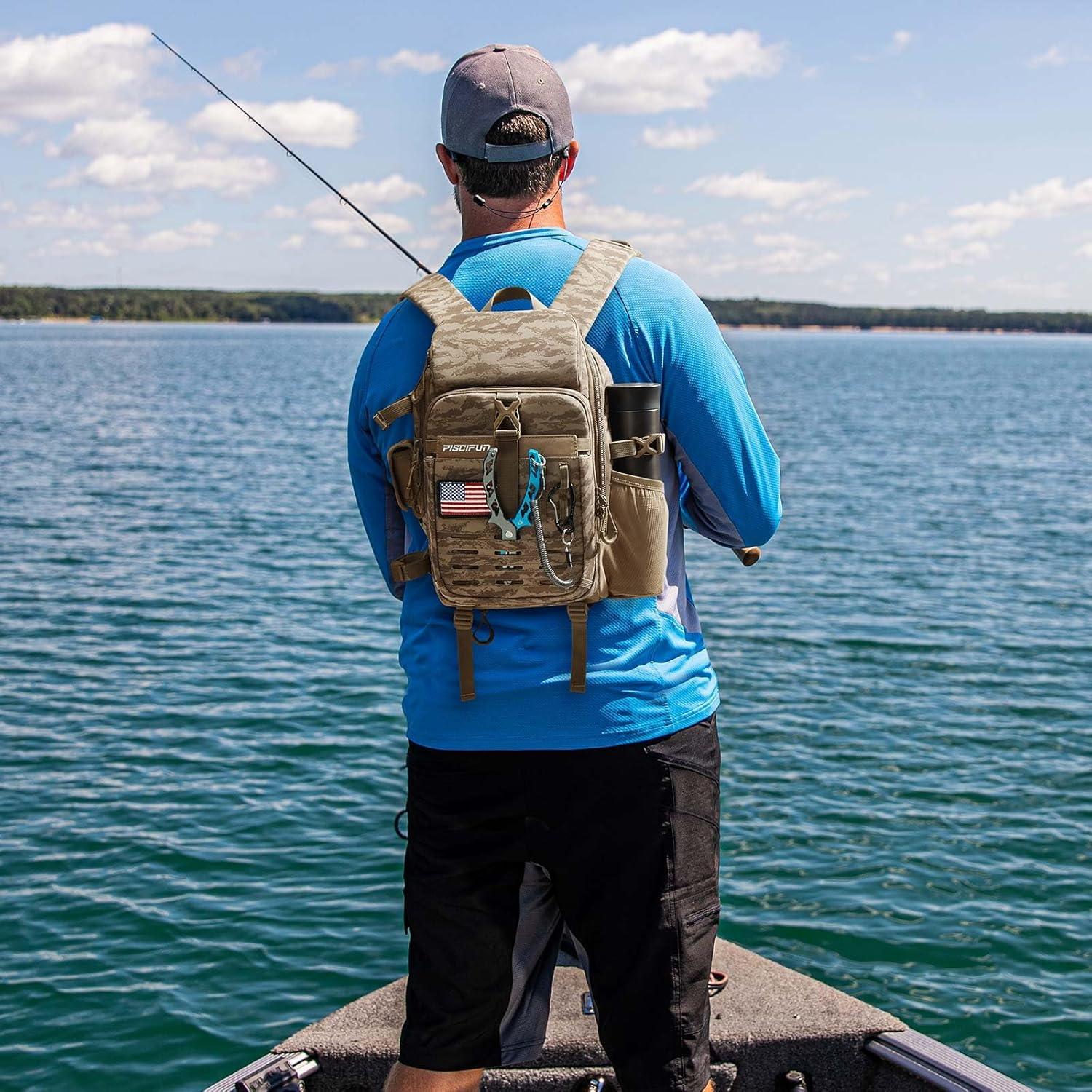 imagePiscifun Fishing Tackle Backpack with Rod ampamp Gear Holder Lightweight Fishing Tackle Storage Bag with Protective Rain CoverKhaki Camouflage