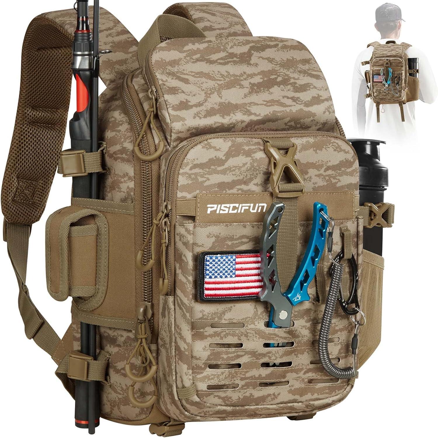 imagePiscifun Fishing Tackle Backpack with Rod ampamp Gear Holder Lightweight Fishing Tackle Storage Bag with Protective Rain CoverKhaki Camouflage