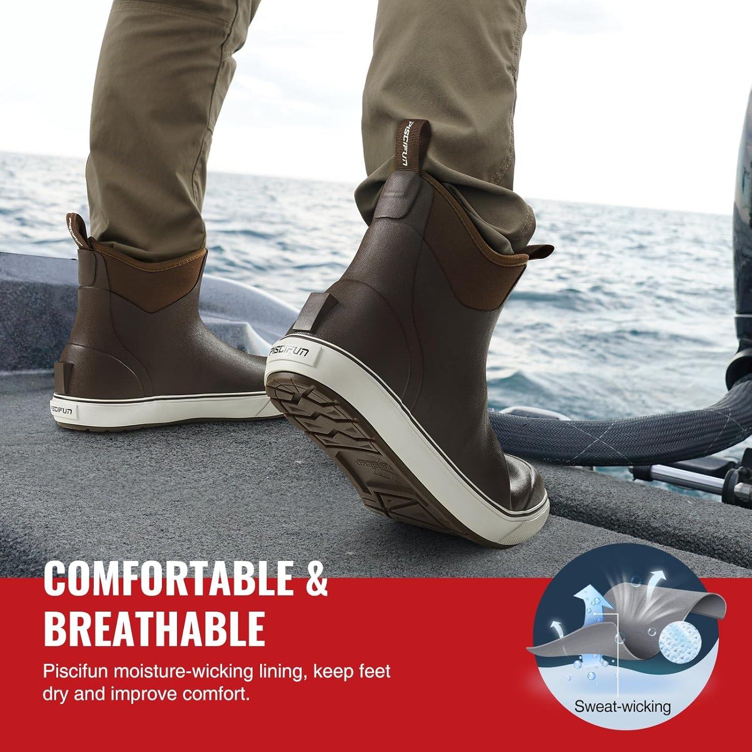 imagePiscifun Men s Deck Boots Waterproof Fishing Rain Boots AntiSlip Rubber Boots with Breathable Neoprene LiningBrown