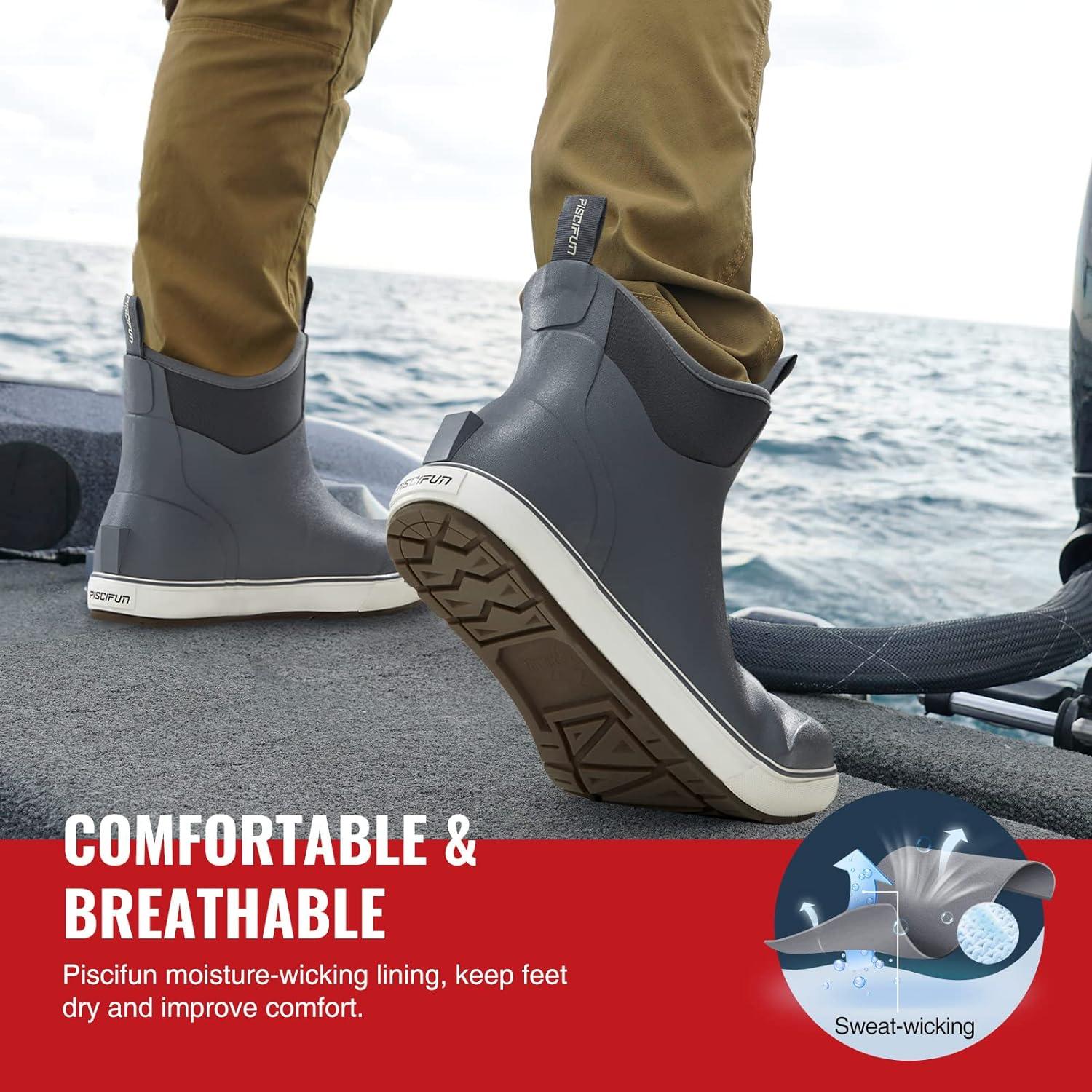 imagePiscifun Men s Deck Boots Waterproof Fishing Rain Boots AntiSlip Rubber Boots with Breathable Neoprene LiningGrey