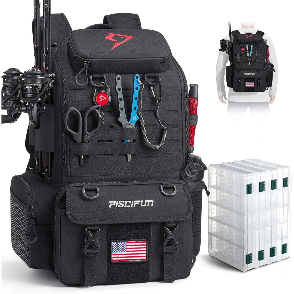 imagePiscifun 52L Fishing Tackle Backpack with Rod Holders ampamp 4 Tackle Boxes Large Tackle Bag for Gear Storage with Rain CoverBlack