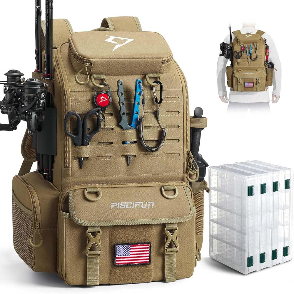 imagePiscifun 52L Fishing Tackle Backpack with Rod Holders ampamp 4 Tackle Boxes Large Tackle Bag for Gear Storage with Rain CoverKhaki