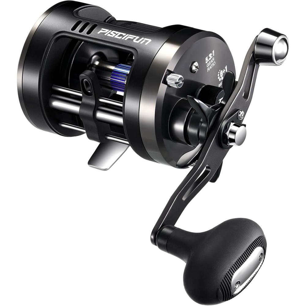 imagePiscifun Chaos Pro Baitcasting Fishing Reel CNC Machined Aluminum Body Round Catfish Reel with 25LB Max Drag Waterproof Trolling Reel with Level Wind ampamp Magnetic Braking System for Lake ampamp SaltwaterBlack
