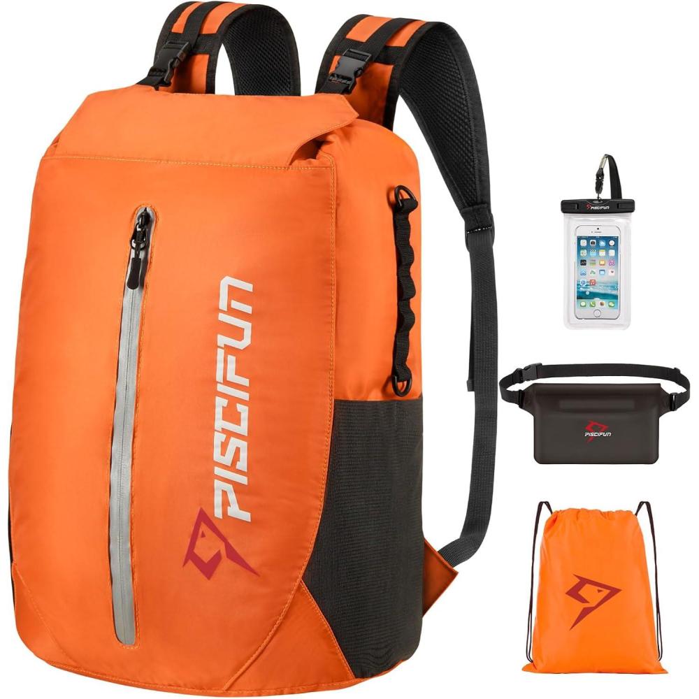 imagePiscifun Dry Bag Waterproof Lightweight Dry Backpack RollTop Sealed with Waist Pouch and Phone Case Keeps Gear Dry Inside for Kayaking Boating 10L 20L 30LOrange