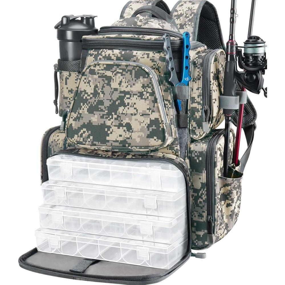 imagePiscifun Fishing Backpack with 2 Rod Holders ampamp 4 Tackle Boxes Large Tackle Storage Bag With Rain Cover for Fishing GearDigital Camouflage