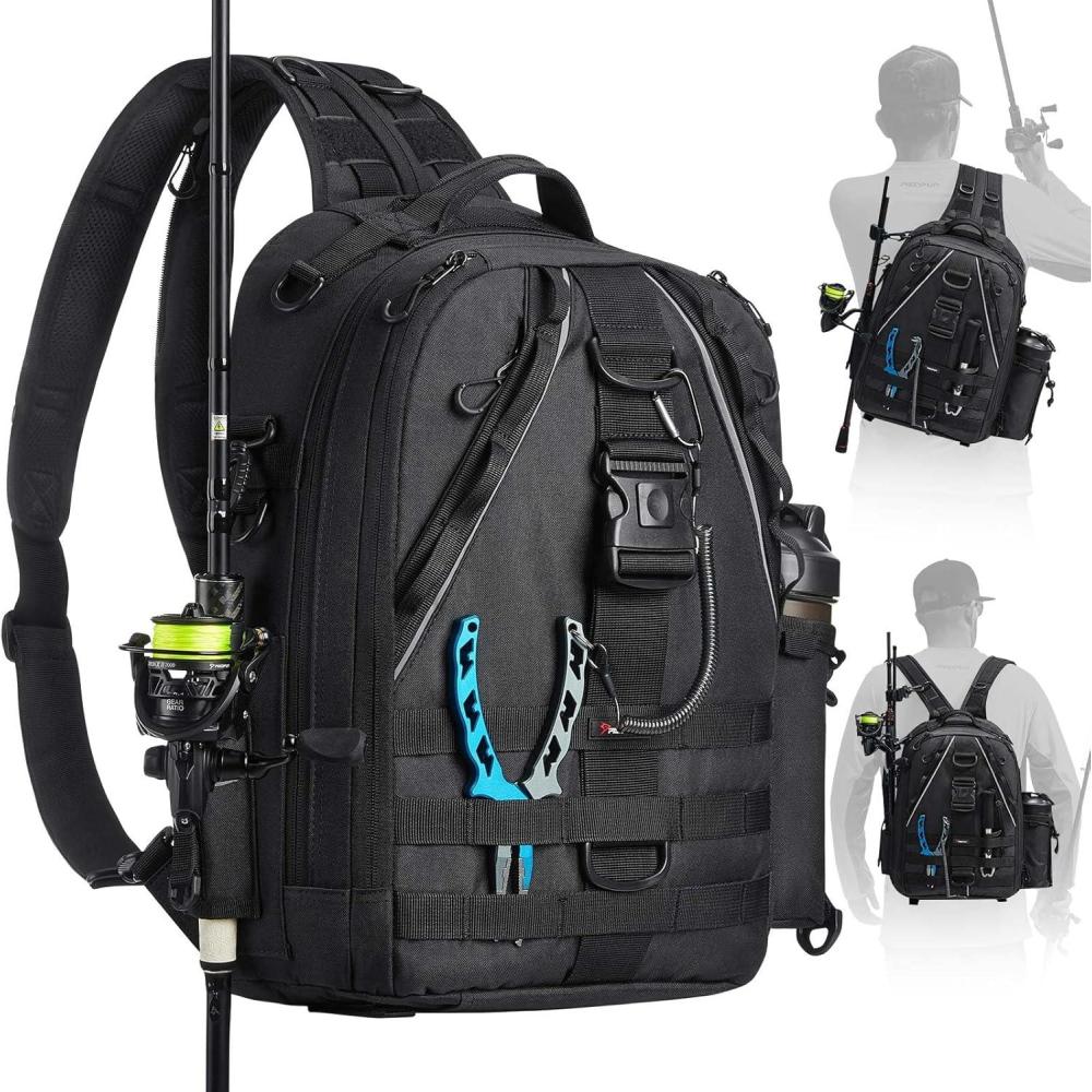 imagePiscifun Fishing Backpack with Rod Holder Lightweight Sling Bag Storge Gear and EquipmentDouble Shoulder  Black