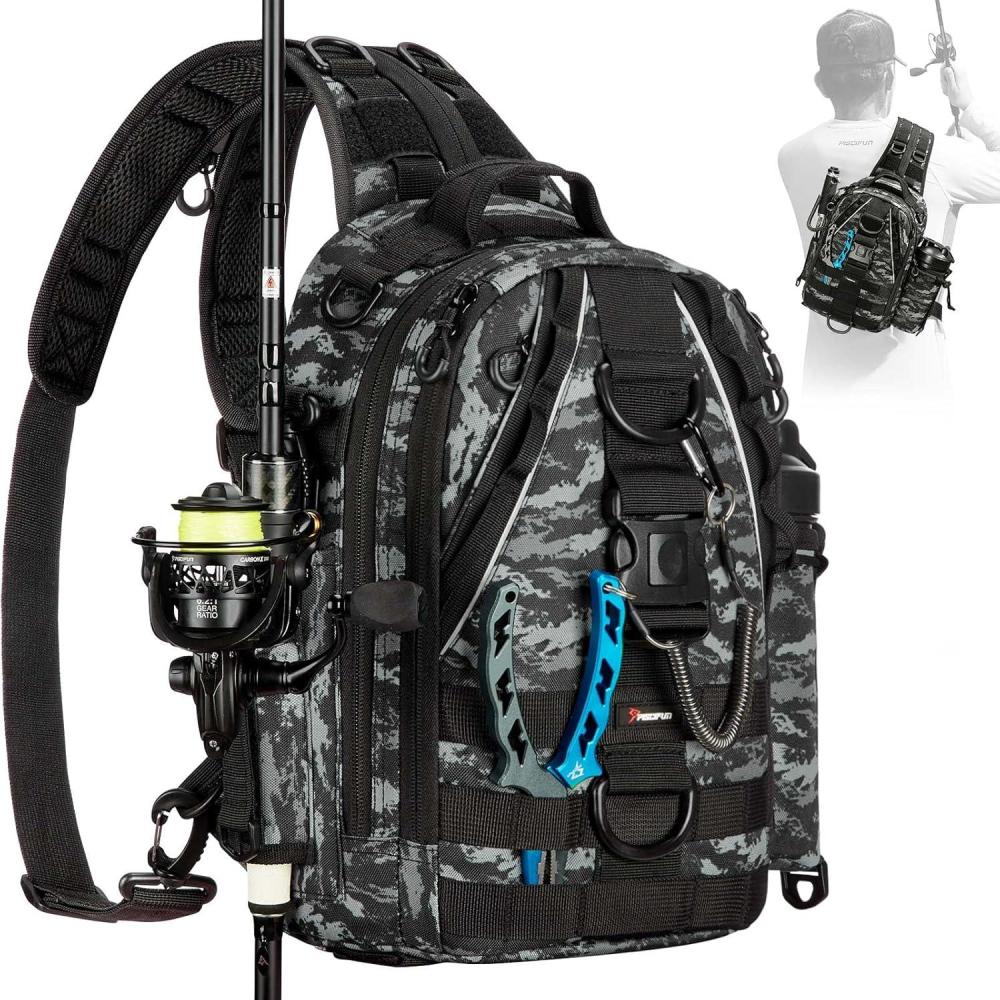 imagePiscifun Fishing Backpack with Rod Holder Lightweight Sling Bag Storge Gear and EquipmentDouble Shoulder Black Camouflage