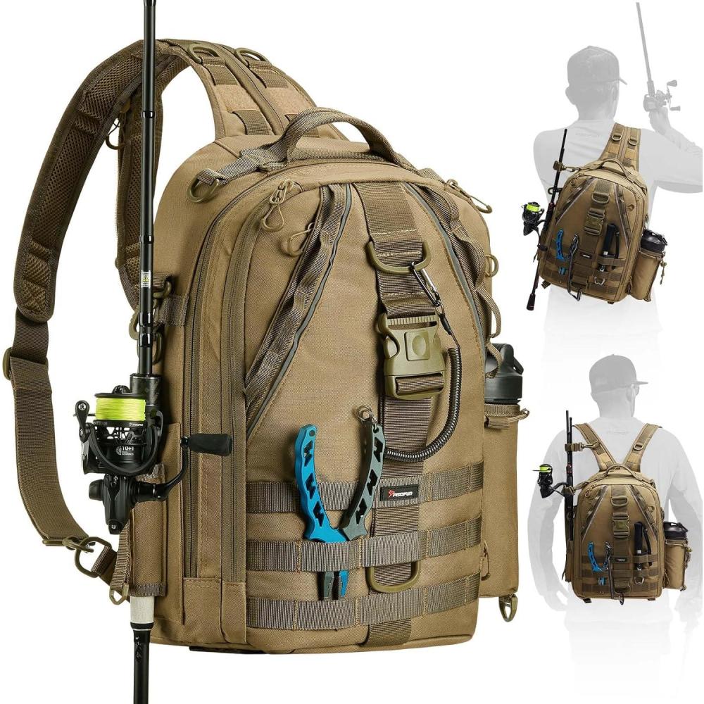 imagePiscifun Fishing Backpack with Rod Holder Lightweight Sling Bag Storge Gear and EquipmentDouble Shoulder Khaki