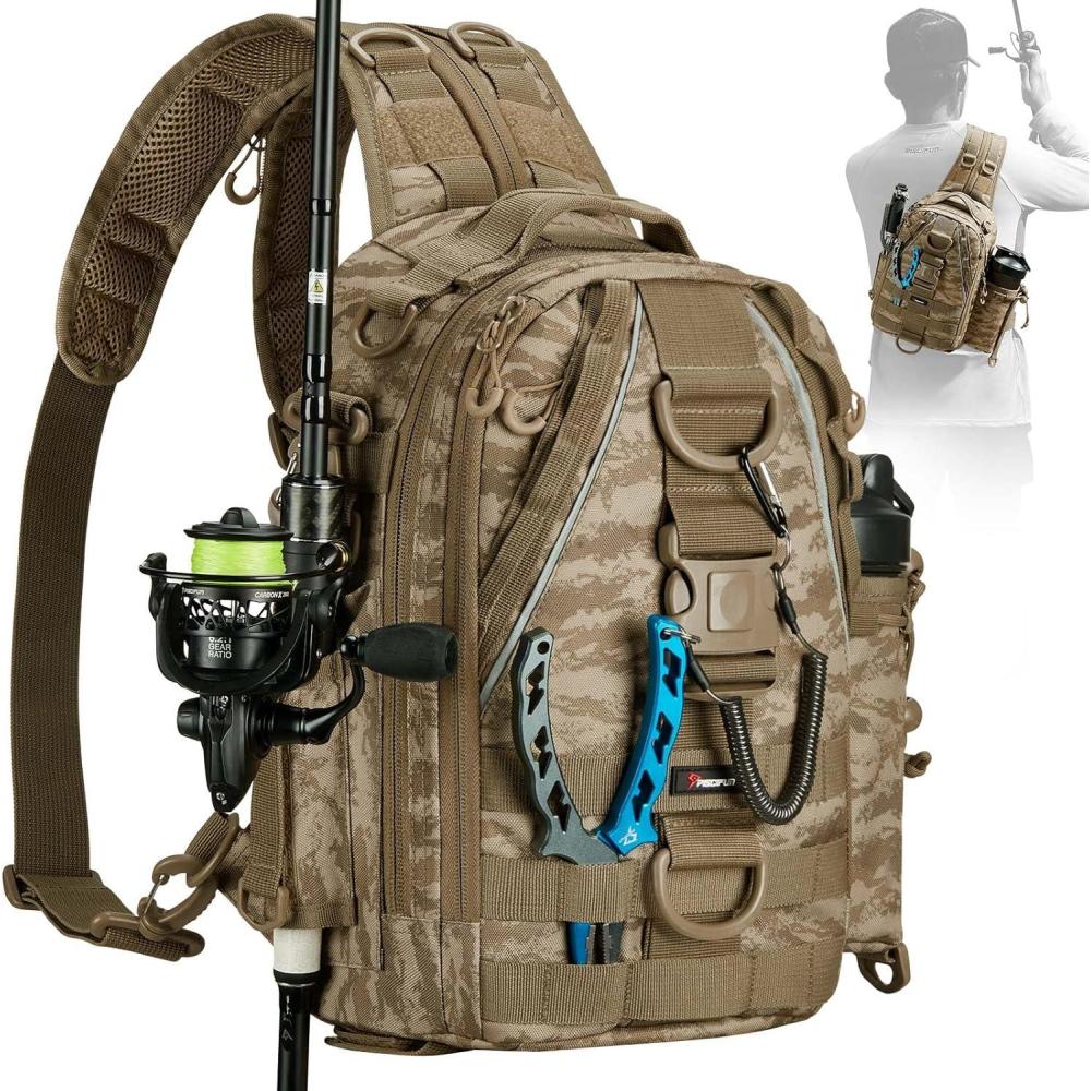 imagePiscifun Fishing Backpack with Rod Holder Lightweight Sling Bag Storge Gear and EquipmentDouble Shoulder Khaki Camouflage