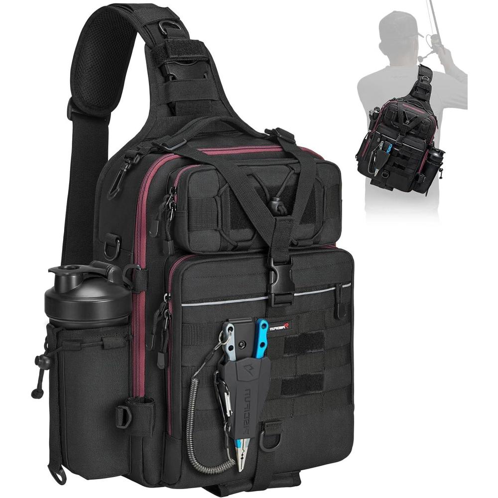 imagePiscifun Fishing Backpack with Rod Holder Lightweight Sling Bag Storge Gear and EquipmentSingle Shoulder Black