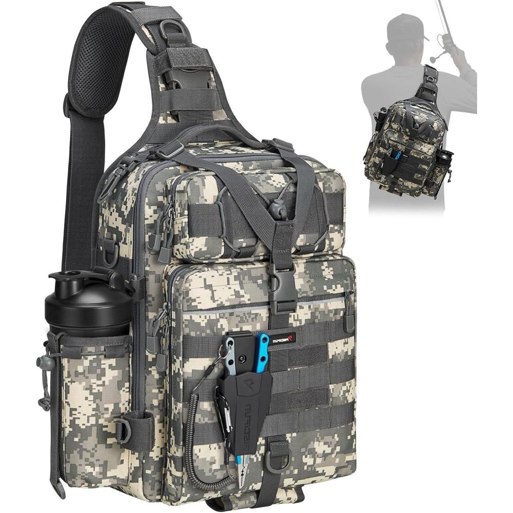 imagePiscifun Fishing Backpack with Rod Holder Lightweight Sling Bag Storge Gear and EquipmentSingle Shoulder Digital Camouflage