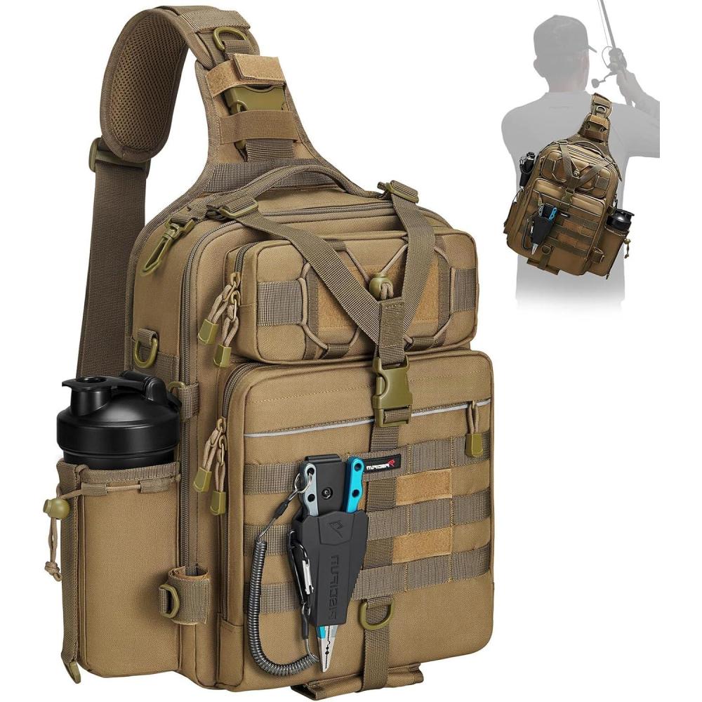 imagePiscifun Fishing Backpack with Rod Holder Lightweight Sling Bag Storge Gear and EquipmentSingle Shoulder Khaki
