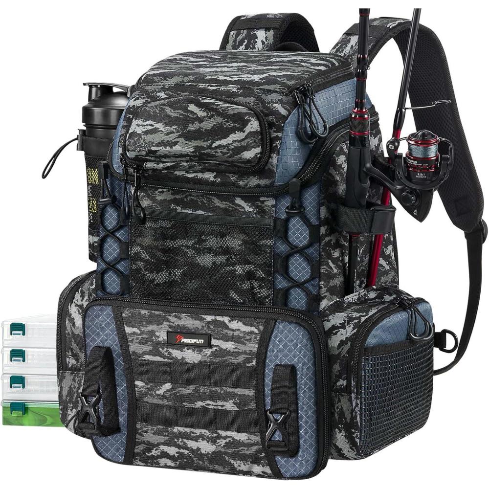imagePiscifun Fishing Tackle Backpack with Rod Holders ampamp 4 Tackle Boxes 42L Outdoor Fishing Bag with Waterproof Rain CoverBalck Camouflage