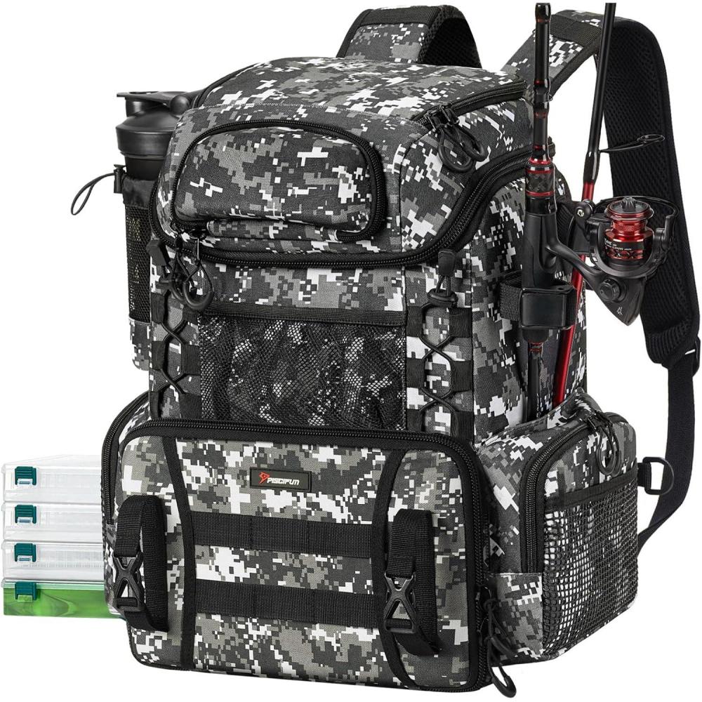 imagePiscifun Fishing Tackle Backpack with Rod Holders ampamp 4 Tackle Boxes 42L Outdoor Fishing Bag with Waterproof Rain CoverCamouflage