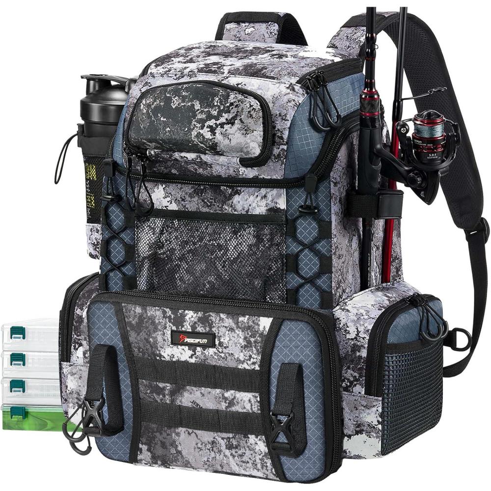 imagePiscifun Fishing Tackle Backpack with Rod Holders ampamp 4 Tackle Boxes 42L Outdoor Fishing Bag with Waterproof Rain CoverVeil Camouflage