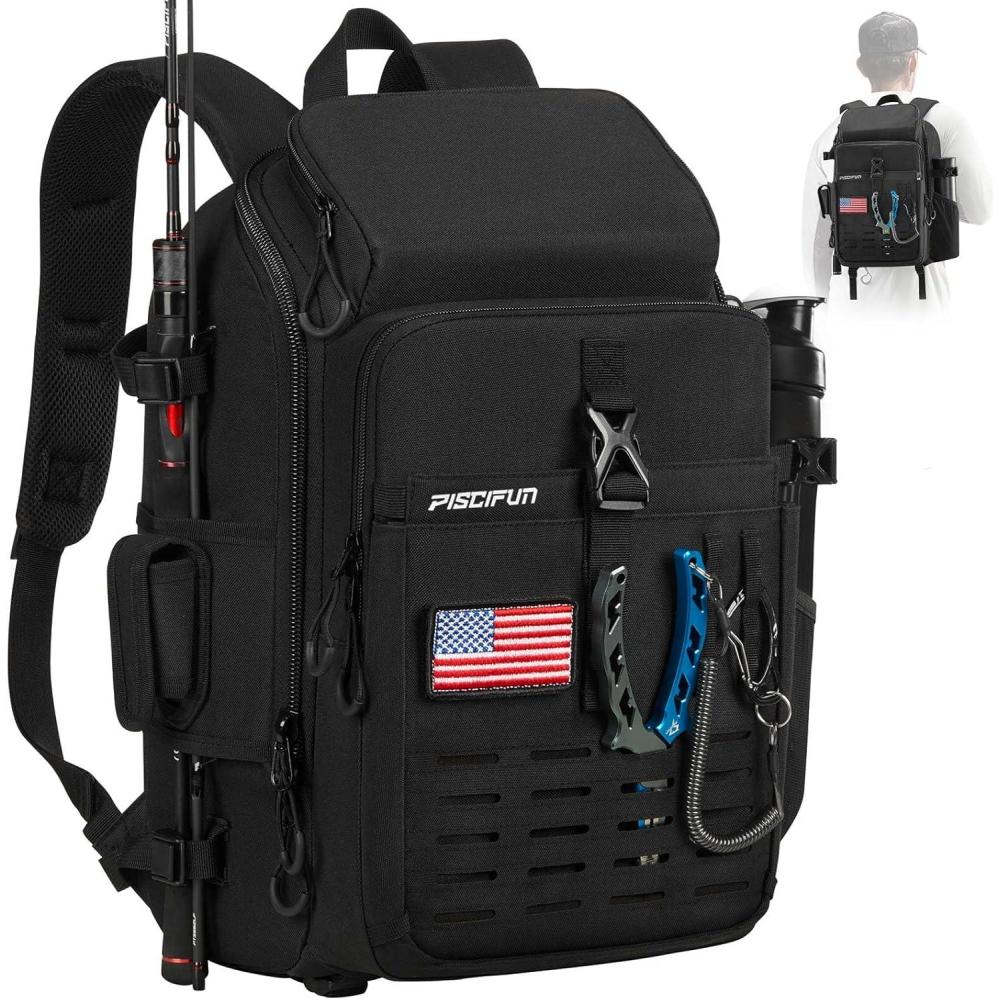 imagePiscifun Fishing Tackle Backpack with Rod ampamp Gear Holder Lightweight Fishing Tackle Storage Bag with Protective Rain CoverBlack