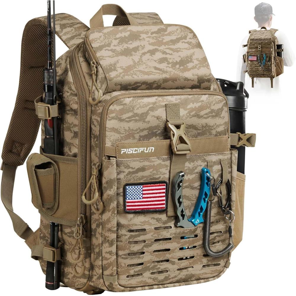 imagePiscifun Fishing Tackle Backpack with Rod ampamp Gear Holder Lightweight Fishing Tackle Storage Bag with Protective Rain CoverKhaki Camouflage