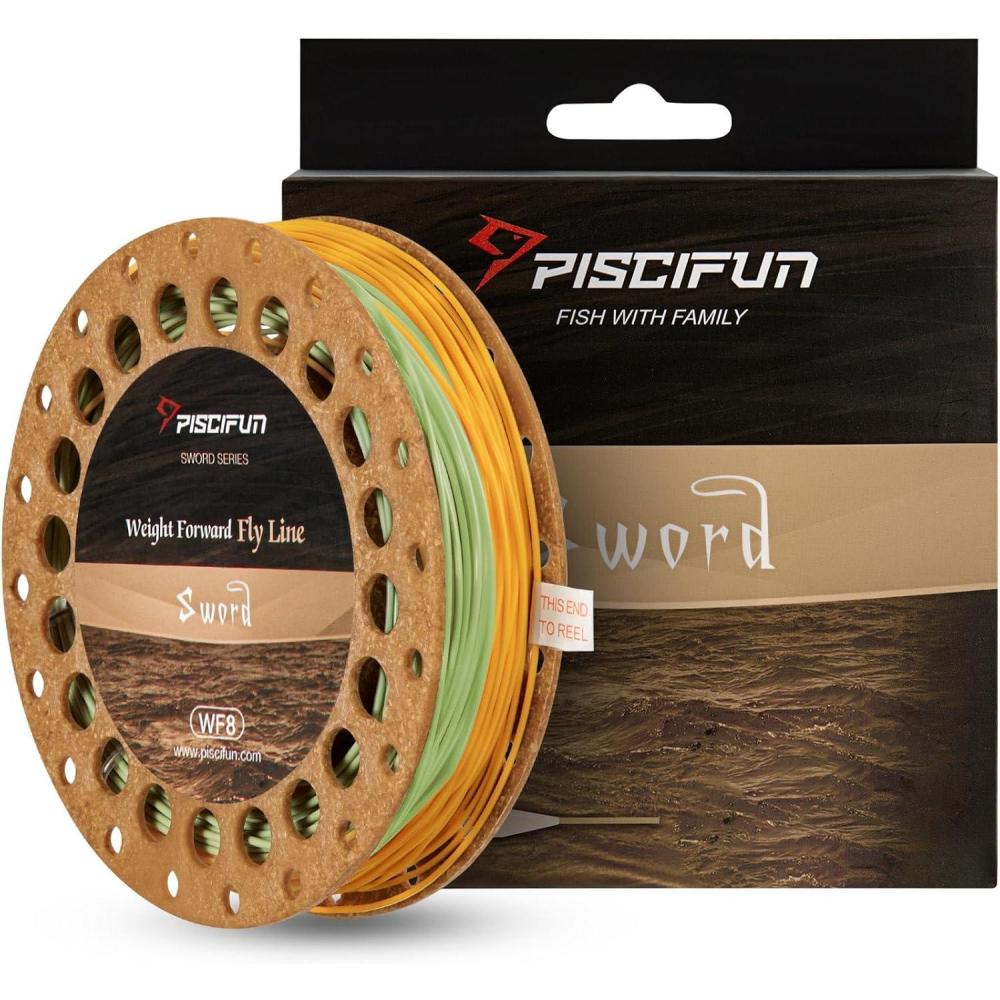imagePiscifun Sword Fly Fishing Line with Welded Loop Weight Forward Floating Fly Line Available in WF1 WF2 WF3 WF4 WF5 WF6 WF7 WF8 WF9 and WF10 Weights in Lengths of 90 and 100 FeetYellow Moss Green