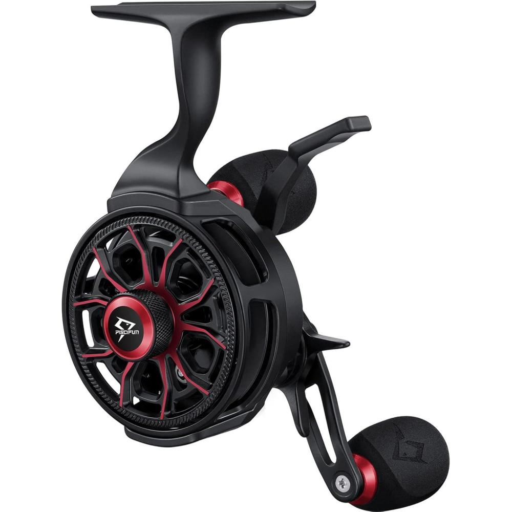 imagePiscifun ICX Carbon Ice Fishing Reel Structure Upgrade Magnetic Drop System Inline Ice Fishing Reel FreeSpool Bidirectional Lever 321 High Speed 81 Shielded BB CNCMachined Ice ReelRed Black Lefthanded Retrive