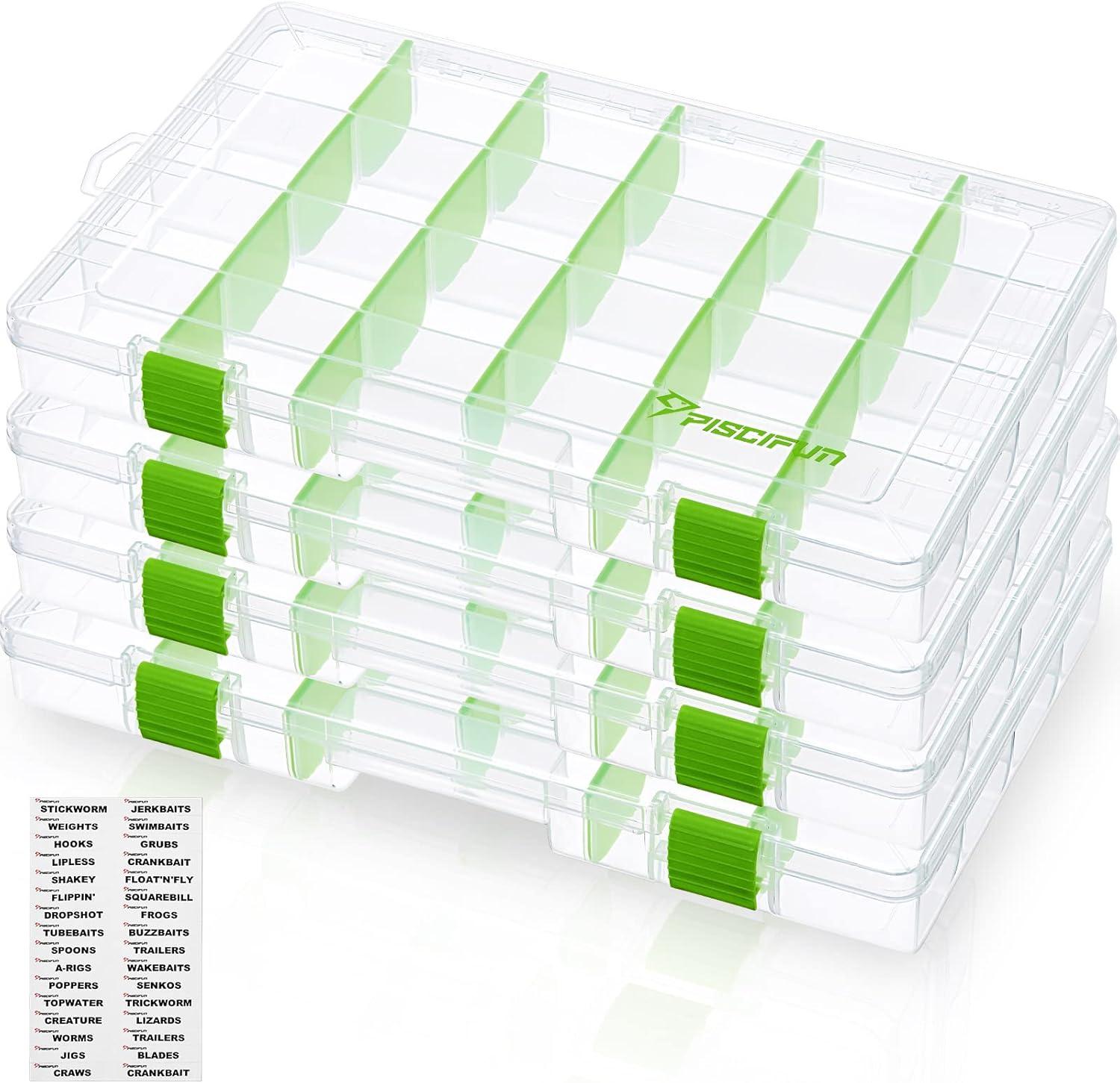 imagePiscifun Fishing Tackle Boxes Tackle Trays with Waterproof Labels and Removable Dividers 36003700 BPAFree Plastic Clear Fishing Storage Organizer Boxes for Lures 2 Packs 4 PacksGreen