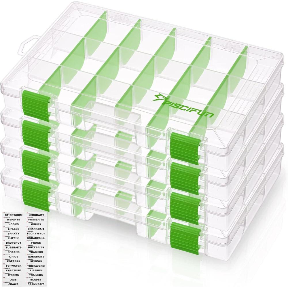 imagePiscifun Fishing Tackle Boxes Tackle Trays with Waterproof Labels and Removable Dividers 36003700 BPAFree Plastic Clear Fishing Storage Organizer Boxes for Lures 2 Packs 4 PacksGreen